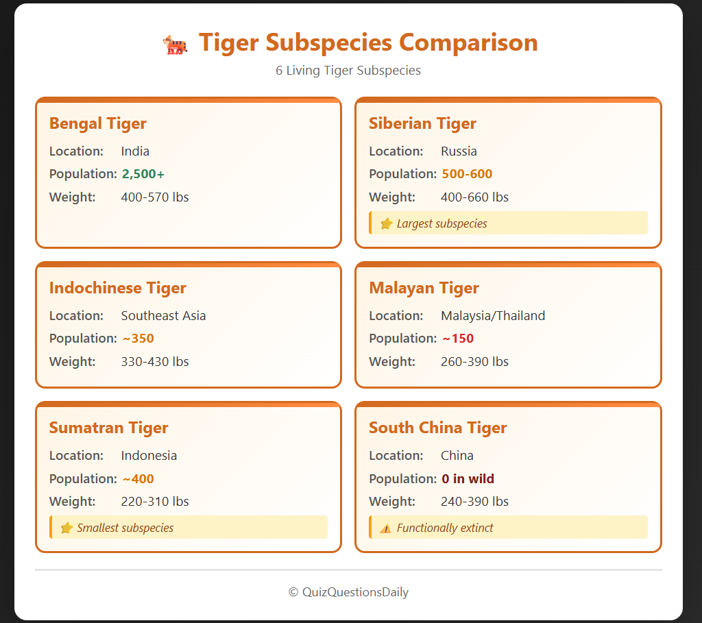 Tiger Quiz Questions: Subspecies Comparison