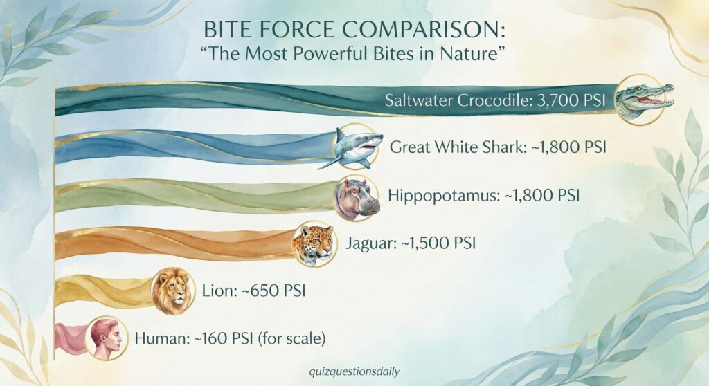 The Ultimate Crocodile Quiz Questions: 100 Questions From Easy to Expert 2
Crocodile Quiz Questions: Bite Force