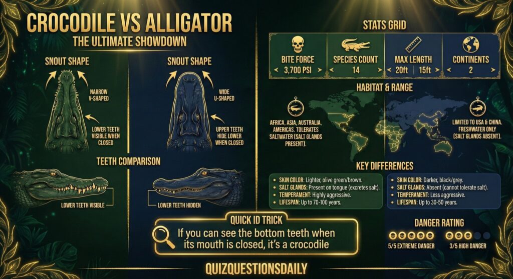 The Ultimate Crocodile Quiz Questions: 100 Questions From Easy to Expert 6 Crocodile Quiz Questions: Crocodile vs Alligator